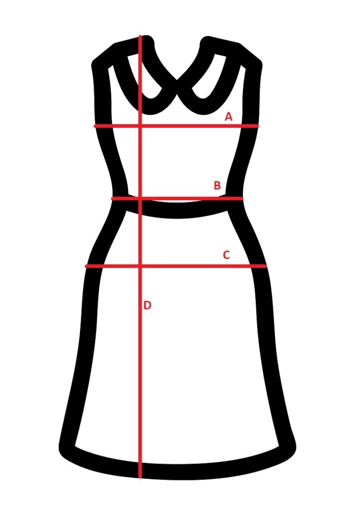 A - Brustweite, B - Taillenweite, C - Hüftweite, D - Gesamtlänge
