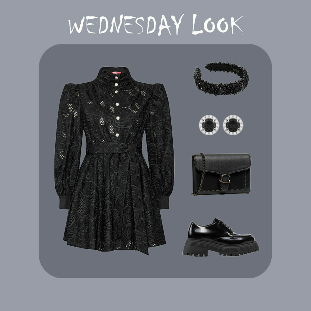 Schwarzes Kleid von Custommade, Ohrringe von Enaya, Haarreif von Lavashka, Handtasche von Coach und Oxford Schuhe von Chiara Ferragni